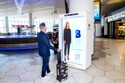 Proto AI hologram answers passenger queries at LaGuardia Airport in New York