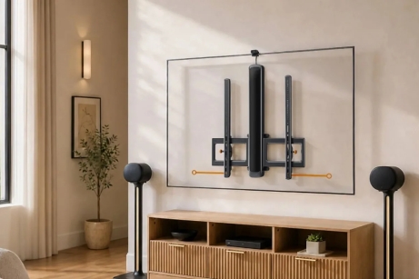 Display mount uses a sensor to automatically adapt to the ideal viewing position